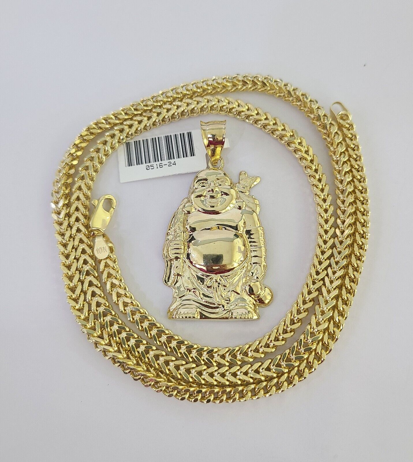 10K Franco Chain Laughing Buddha Pendant Charm Necklace 20"-28" 4mm Gold SET