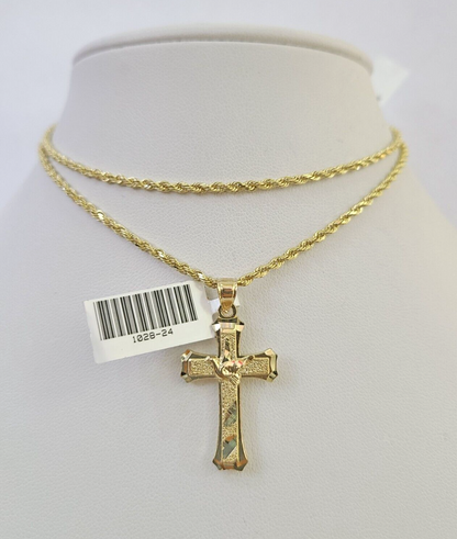 10k Solid Rope Chain 2mm Necklace Jesus Cross Pendant Charm SET 18-24 in