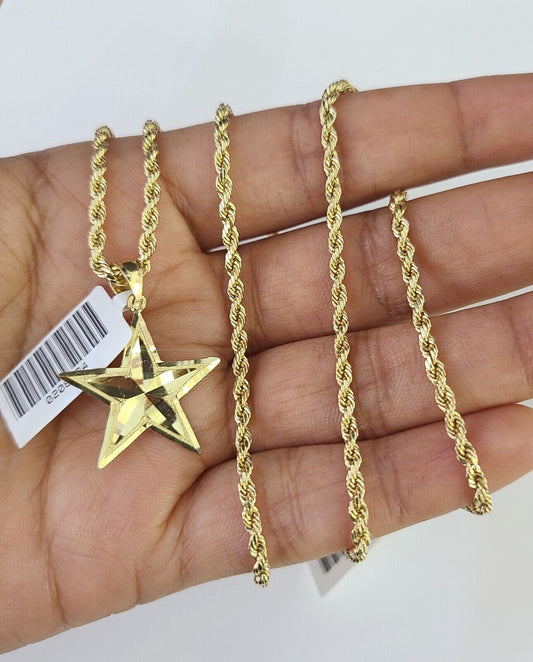 10k 2.5mm Rope Chain Star Pendant 18"-30" Yellow Gold Set Charm Necklace