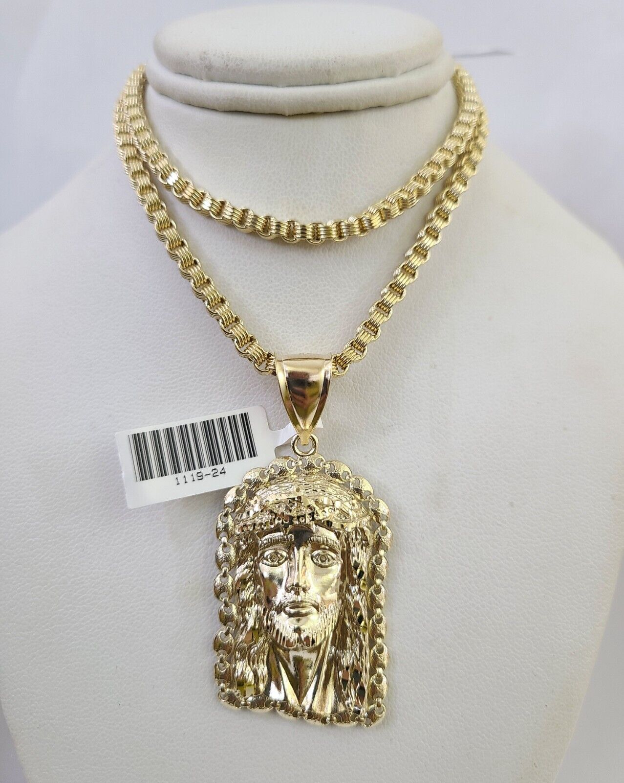 10k Gold Byzantine Necklace Jesus Head Charm 20-28 inches 3mm REAL SET Chain