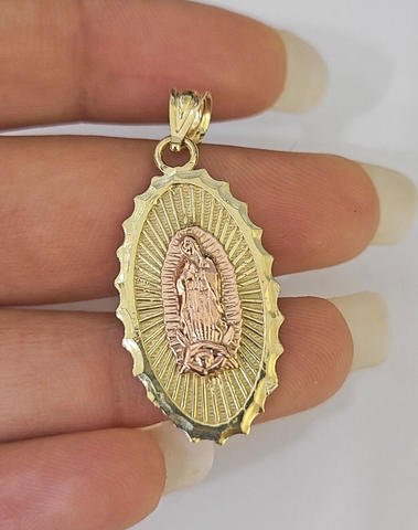 Real 10K Virgin Mary Pendent Charm 10kt Yellow Gold 1" Oval Holy Mother