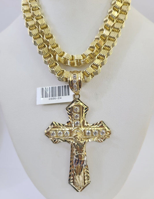 10k Gold Byzantine Necklace Jesus Cross Charm 20-30 inches 6mm SET Chain Pendant
