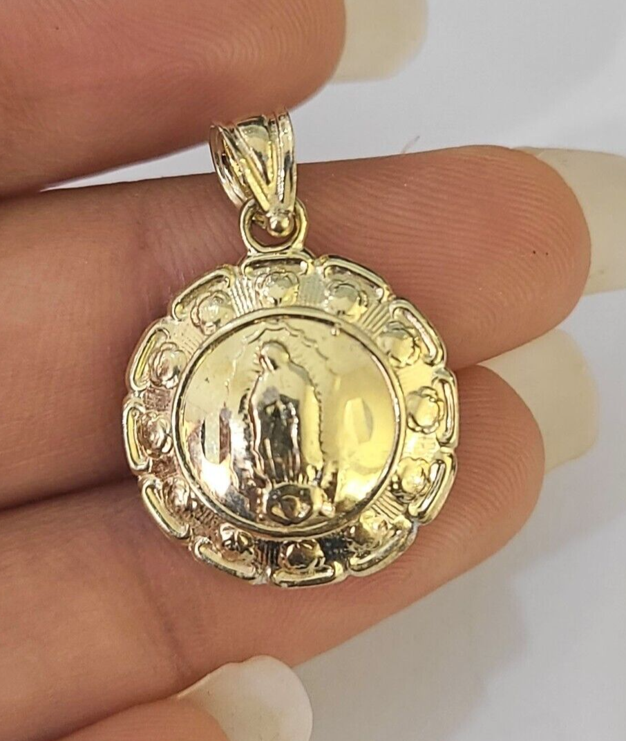 Real 10K Jesus Virgin Mary Pendent Charm Two Sided yellow Gold 1" Guadalupe