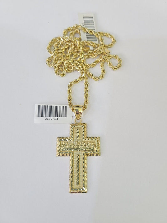 10k Solid Rope Chain 3mm Last Supper Cross Pendant Charm Necklace SET 18-28 in