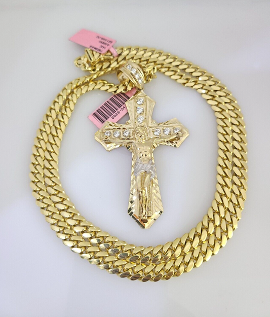 Real 14k Solid Chain Cross Charm Set Miami Cuban Link 6mm Necklace Pendant Gold