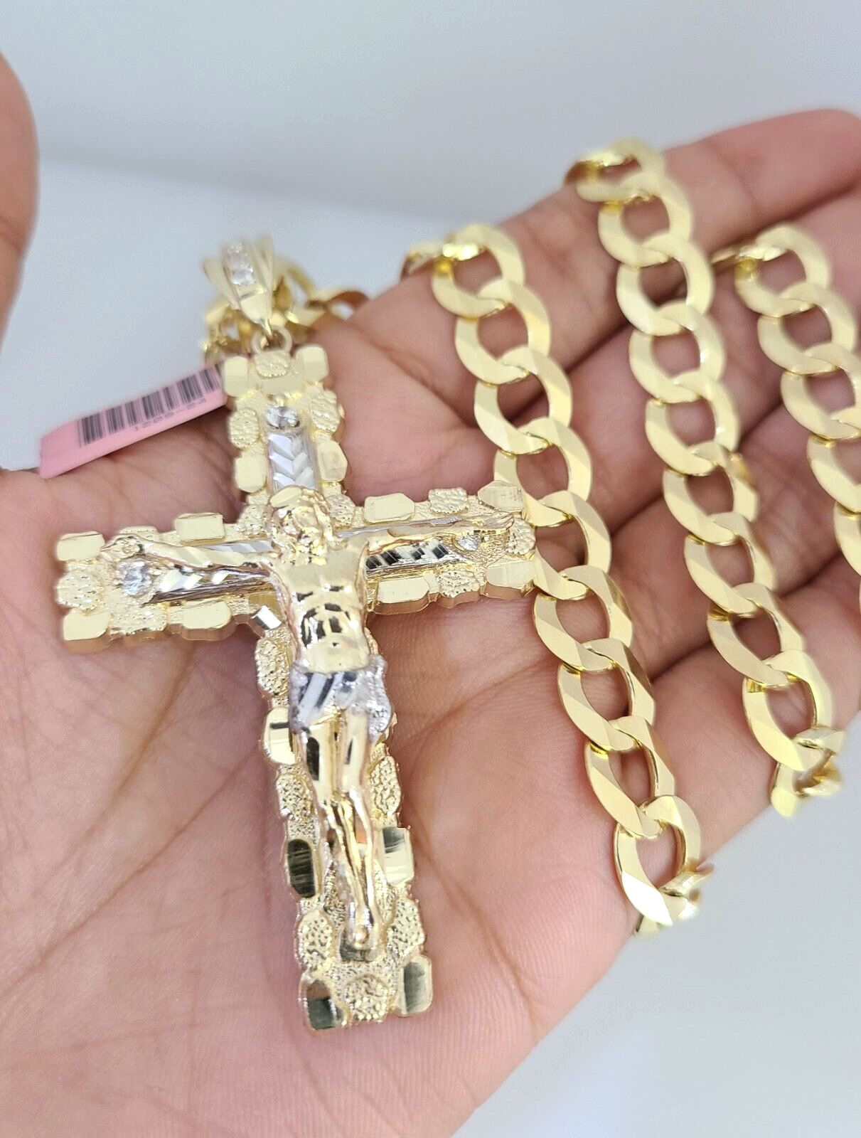 14k Gold Chain Jesus Cross Charm Solid Cuban Curb 10mm 20"-30" SET Necklace