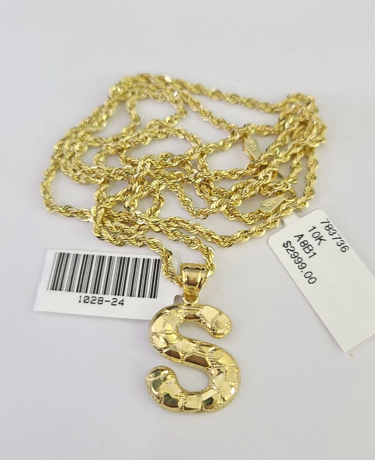 10k Solid Rope Chain 2mm S Initial Pendant Charm Necklace SET 18-22" Ladies