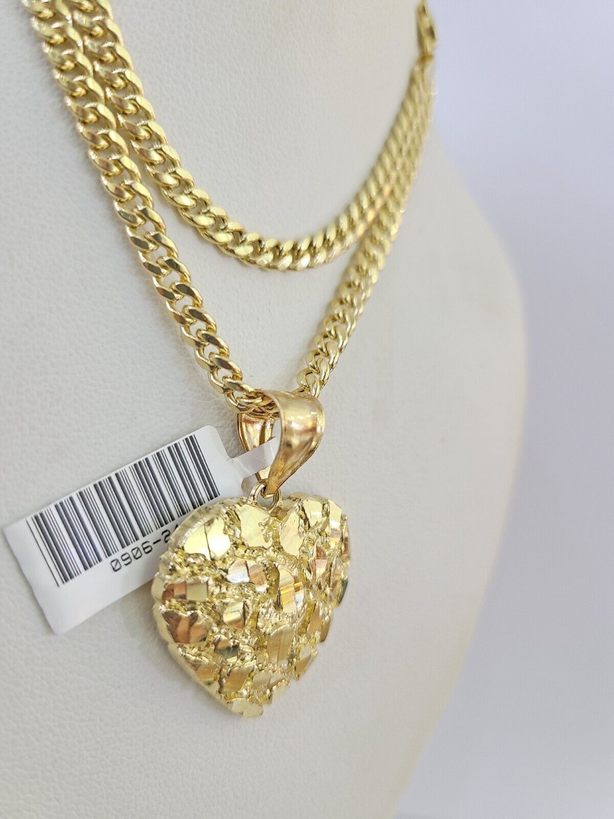 10k Miami Cuban Chain Nugget Heart Charm Set 4mm 18"-28" Necklace Yellow Gold