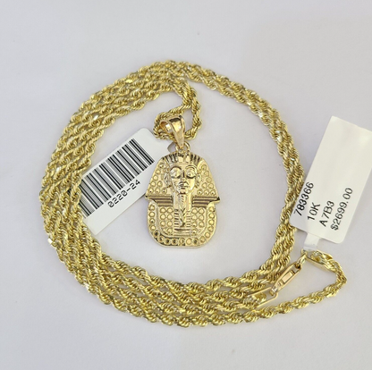 10k Solid Rope Chain 2mm Pharaoh Head Pendant Charm Necklace SET 18-24 in