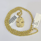 10k Solid Rope Chain 2mm Pharaoh Head Pendant Charm Necklace SET 18-24 in