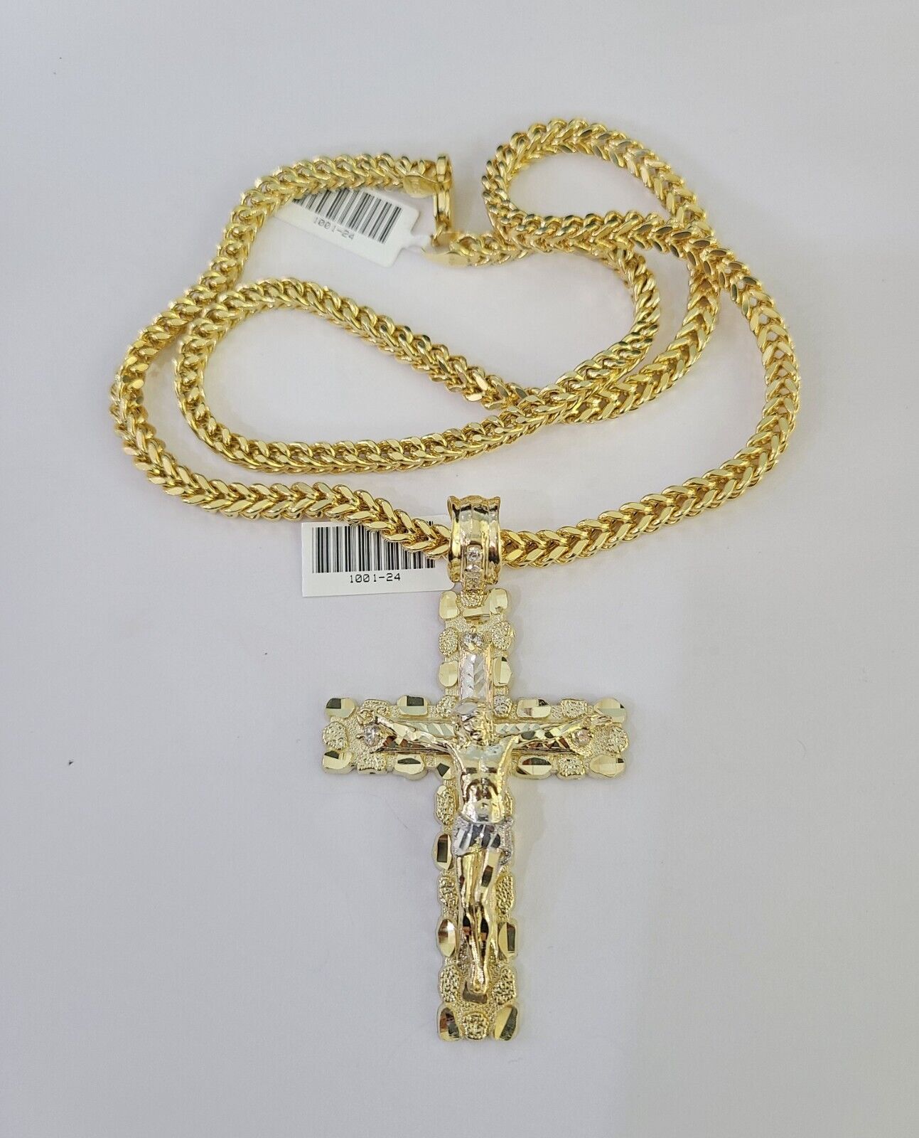 10K Franco Chain Jesus Cross Pendant Charm Necklace 20"-26" 5mm Gold Yellow SET