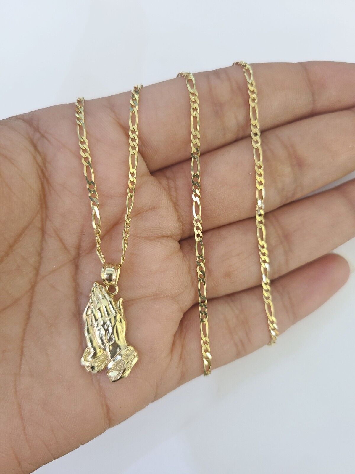 14k Figaro Chain Praying Hands Charm Pendant Gold 1.5mm 18"-24inch SET Necklace