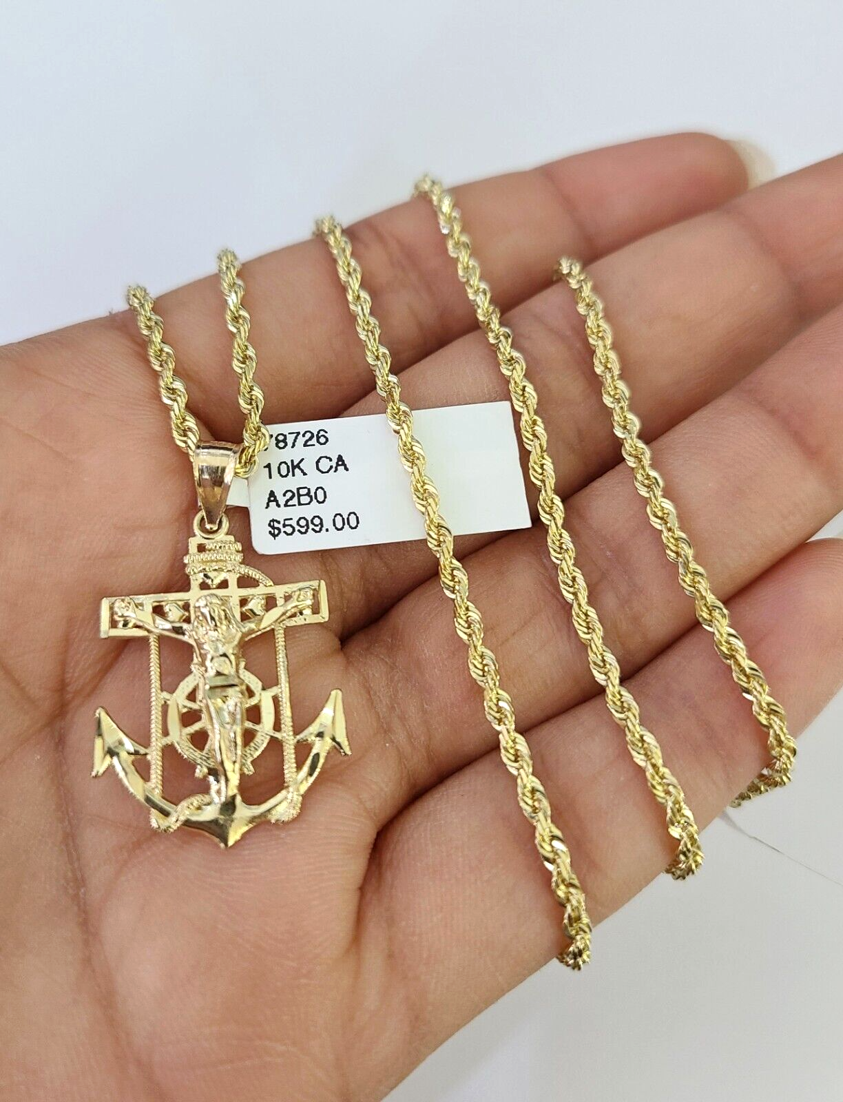 10k Solid Rope Chain 2mm Jesus Anchor Pendant Charm Necklace SET 18-22 in Ladies