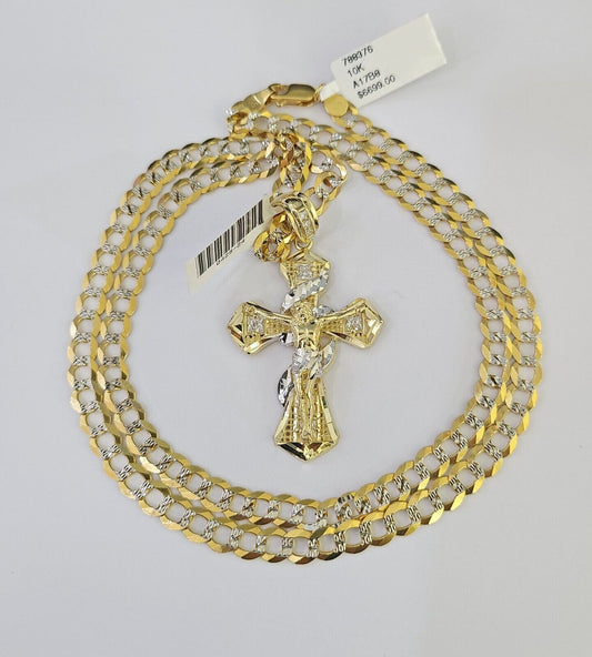 10k Solid Gold Cuban Curb Chain Jesus Cross Pendant 6mm 20"-30" SET Necklace