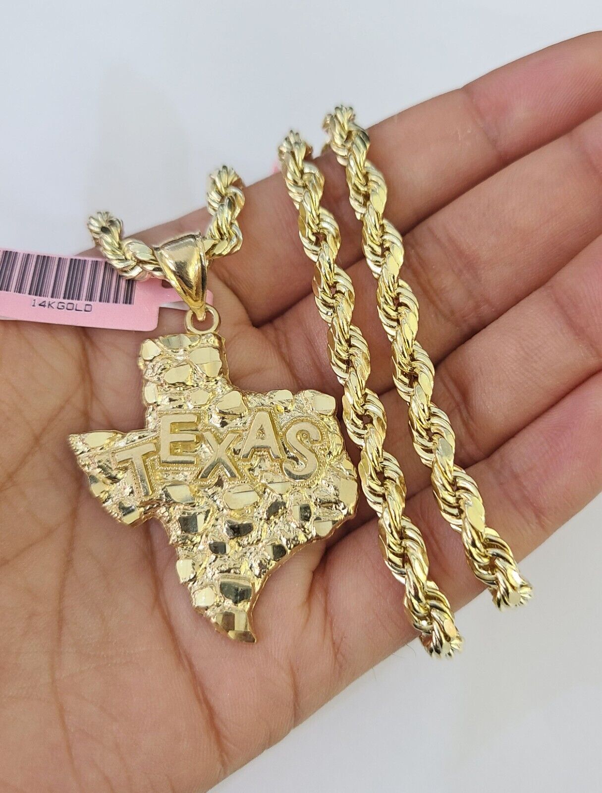 Real 14k Rope Chain Texas Map Charm Set 6mm 18"-26" Necklace Yellow Gold