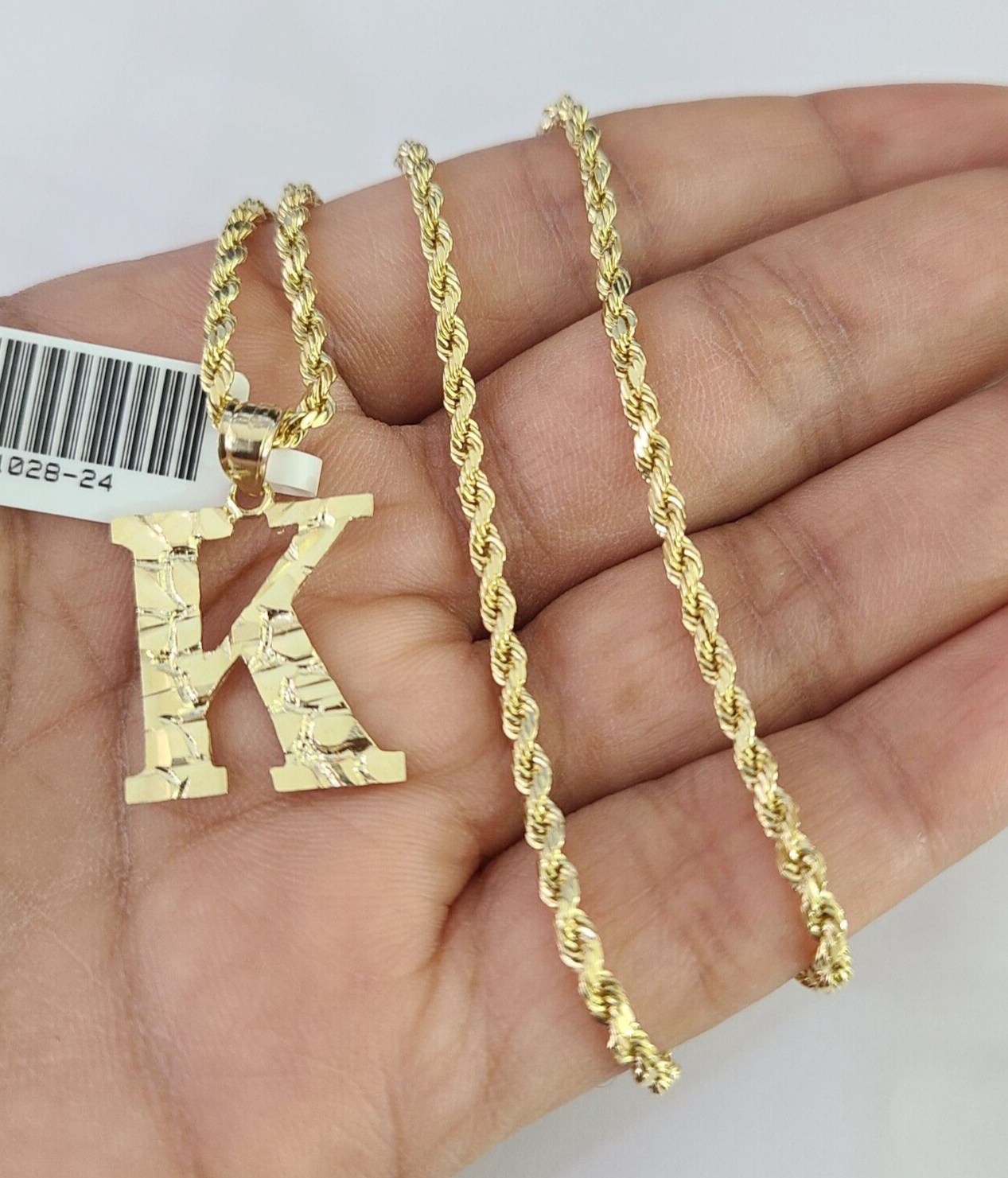 10k Gold Initial K Charm Rope Chain 16"-26" 2.5mm SET Necklace Alphabet Pendant