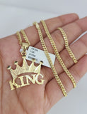 10K Solid Gold Miami Cuban Chain 2.5mm King Crown Charm SET 18"-24" Pendant