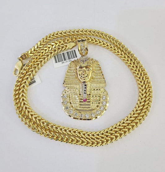 10K Franco Chain Pharaoh Pendant Charm Necklace 20"-26" 5mm Yellow Gold SET