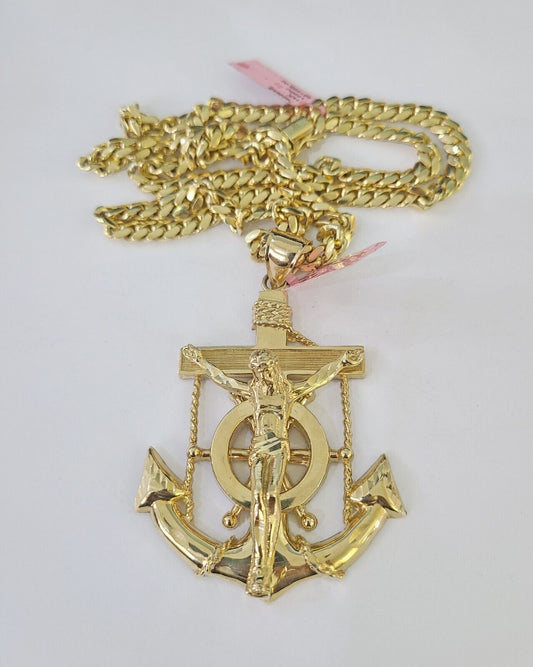 Real 14k Solid Chain Jesus Anchor Charm Set Miami Cuban 6mm Necklace Pendant