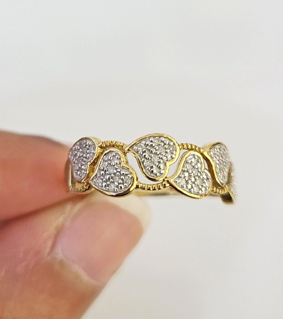 Real 10k Hearts Diamond Ladies Ring Women Casual 10Kt Yellow Gold