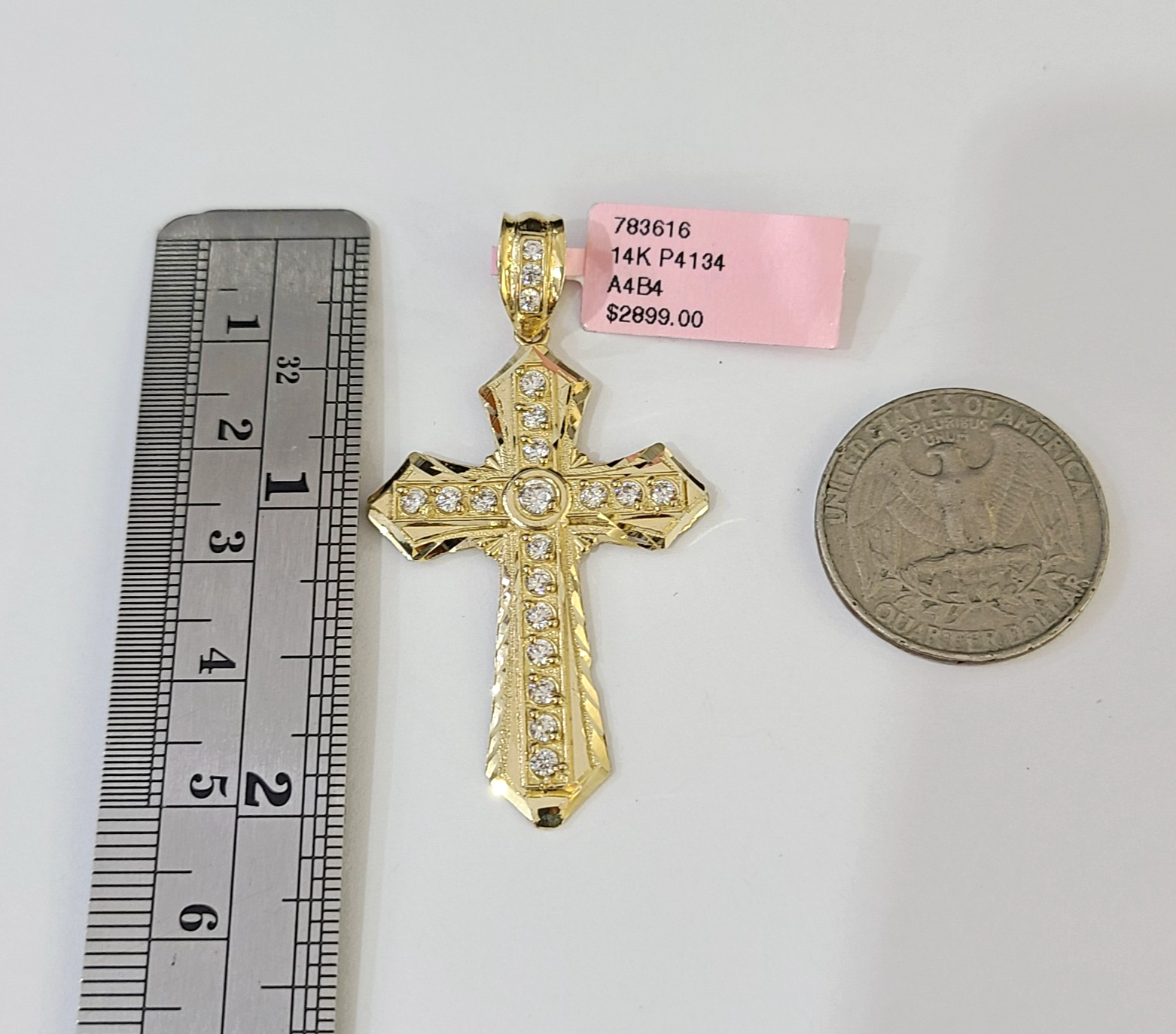 14k Solid Figaro Chain Jesus Cross Pendant Gold 4mm 18"-28" SET Necklace