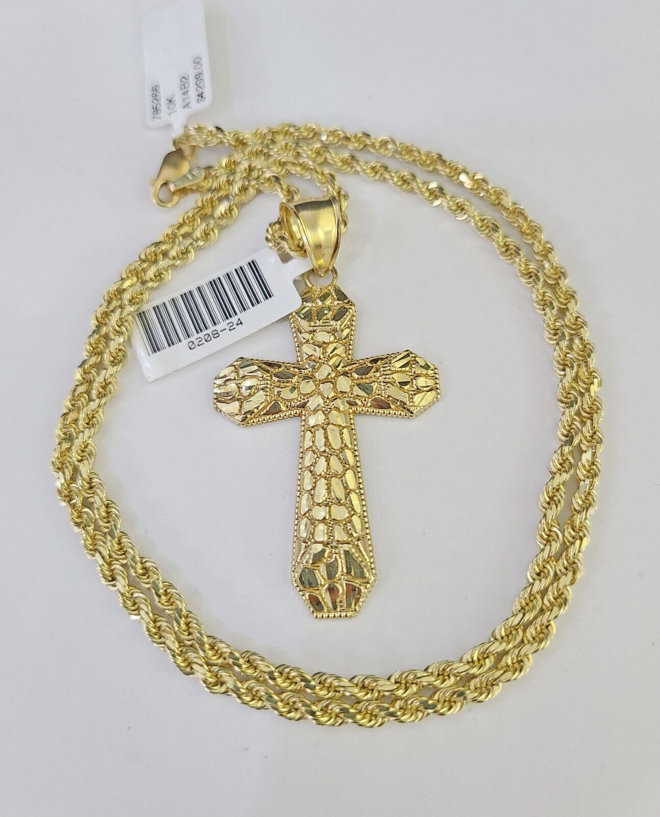 Real 10k Solid Rope Chain Jesus Cross Charm Set 3mm 20"-30" Inch Necklace Gold