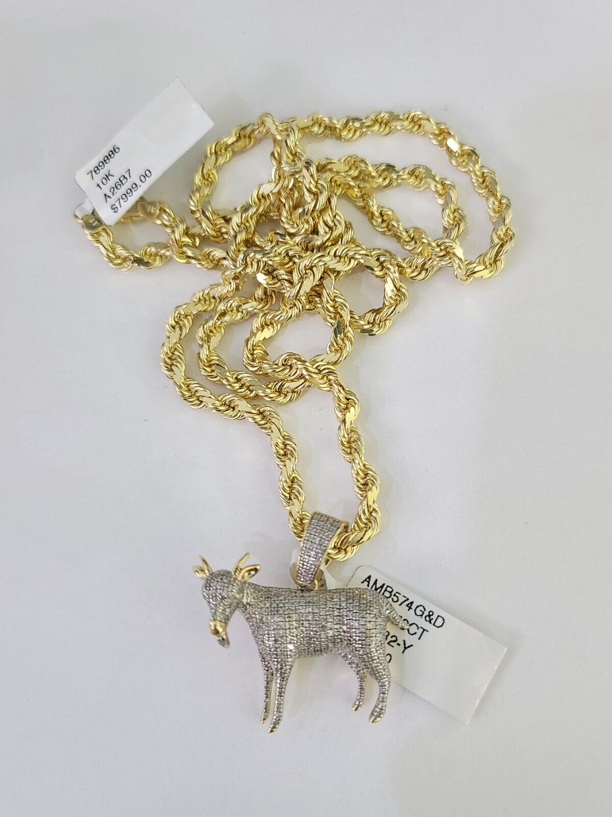 10k Solid Rope Chain Goat Charm Diamond Set 4mm 20"-28" Necklace Gold Yellow