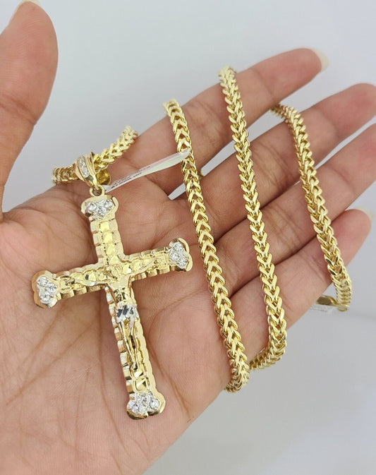 10K Franco Chain Heart Cross Pendant Charm 20"-28" 4mm Gold SET Necklace Yellow