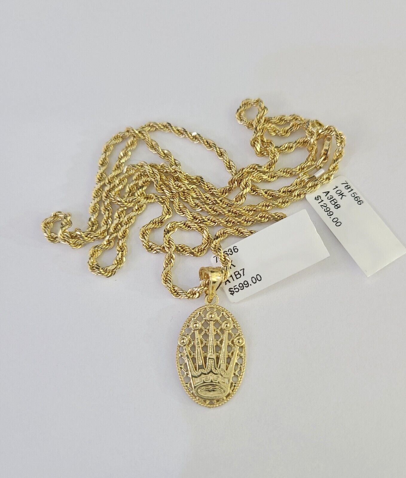 10k 2.5mm Rope Chain Crown Pendant 18"-30" Yellow Gold Set Charm Necklace