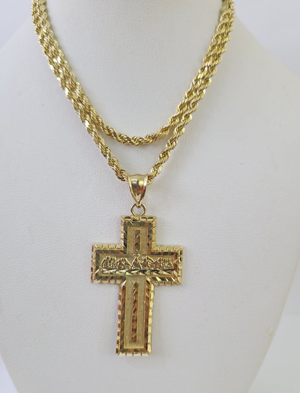 10k 3mm Rope Chain Last Supper Cross Pendant 18"-30" Gold Set Charm Necklace