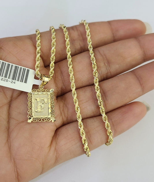 10k Gold Initial F Charm Rope Chain 16"-26" 2.5mm SET Necklace Alphabet Pendant