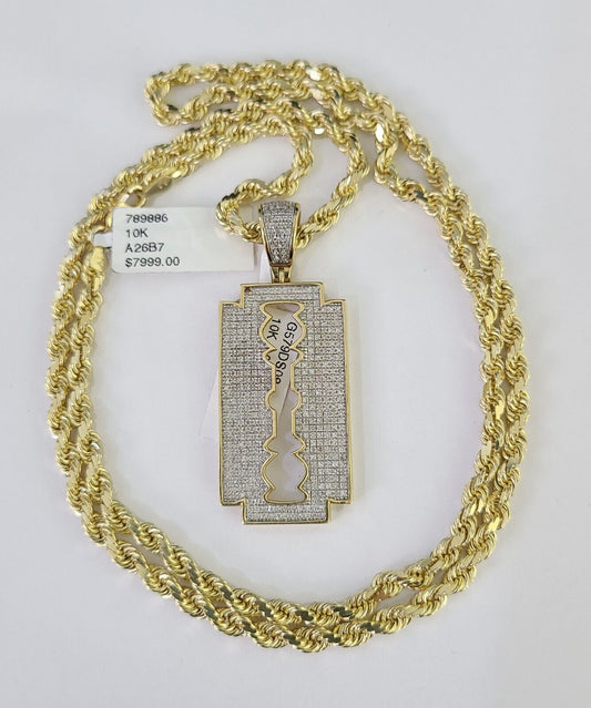 10k Solid Rope Chain Razor Blade Charm Diamond Set 4mm 20"-28" Necklace Gold