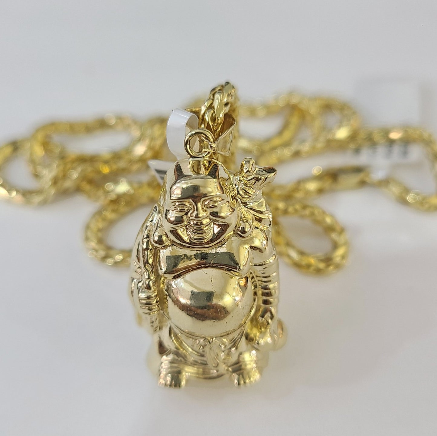 REAL 10k Yellow Gold Palm Chain Laughing Buddha Pendant Charm 3mm Necklace SET