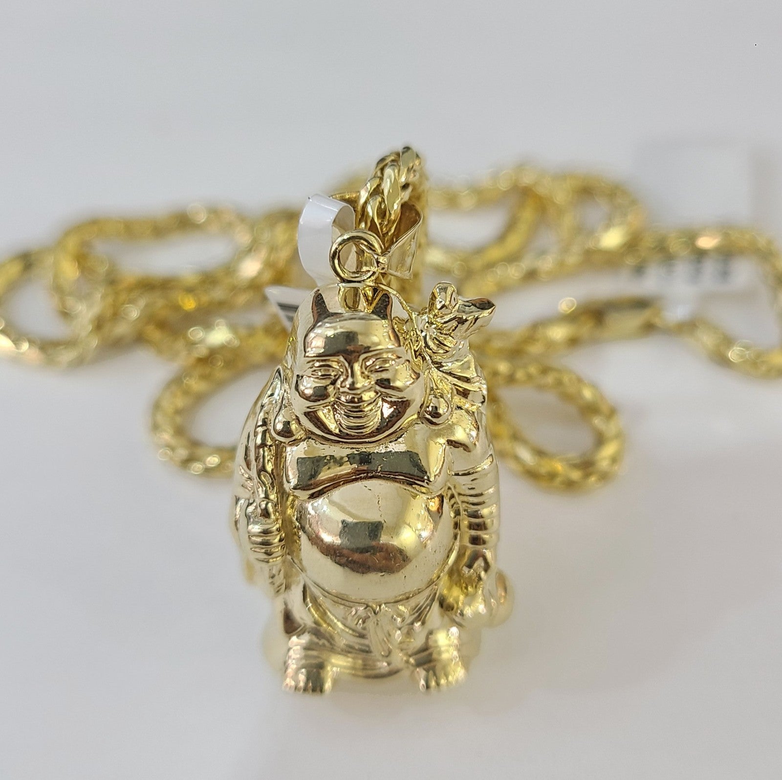 REAL 10k Yellow Gold Palm Chain Laughing Buddha Pendant Charm 3mm Necklace SET