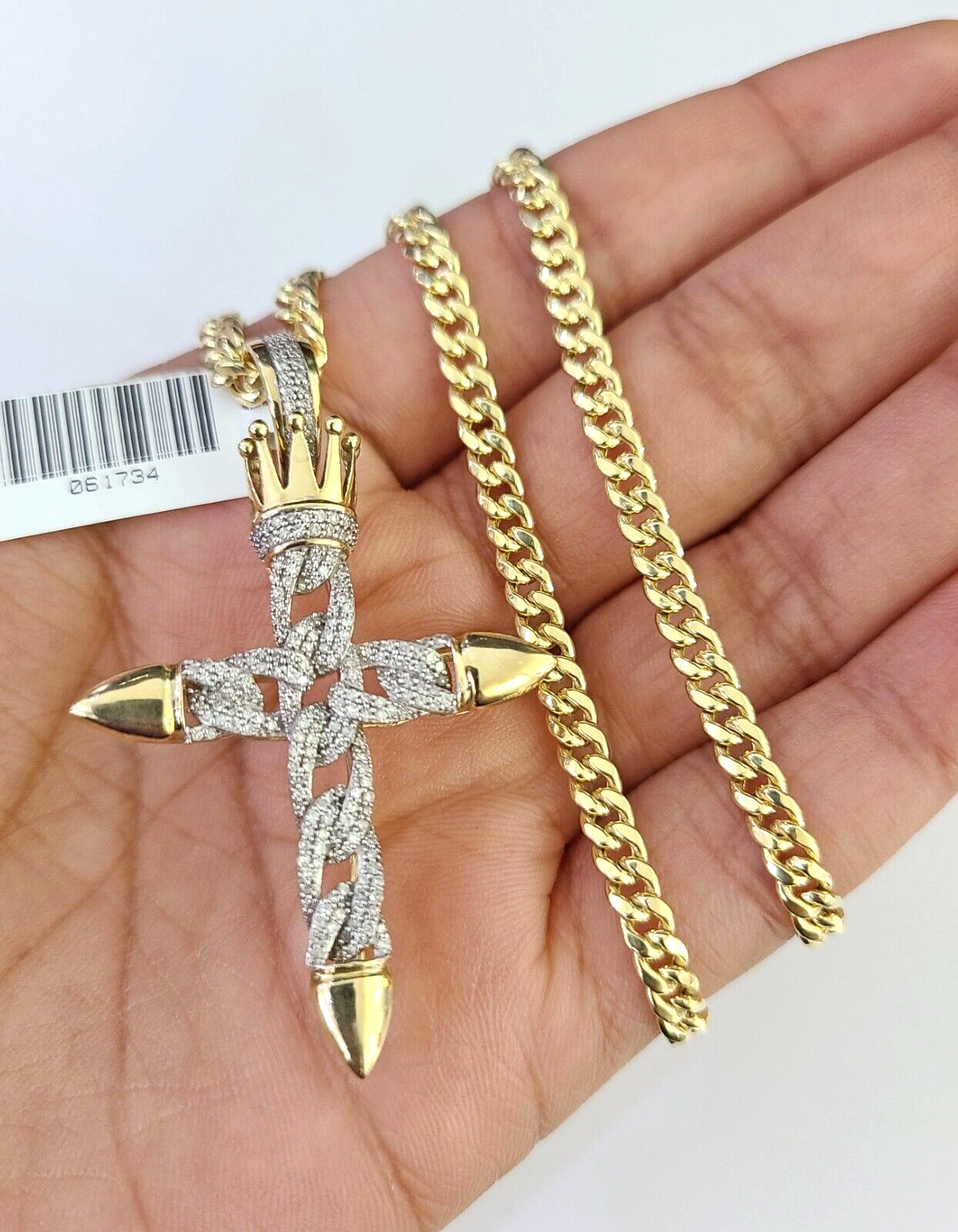 10k Miami Cuban Chain Diamond Jesus Cross Charm Set 4mm 18"-28" Necklace Gold