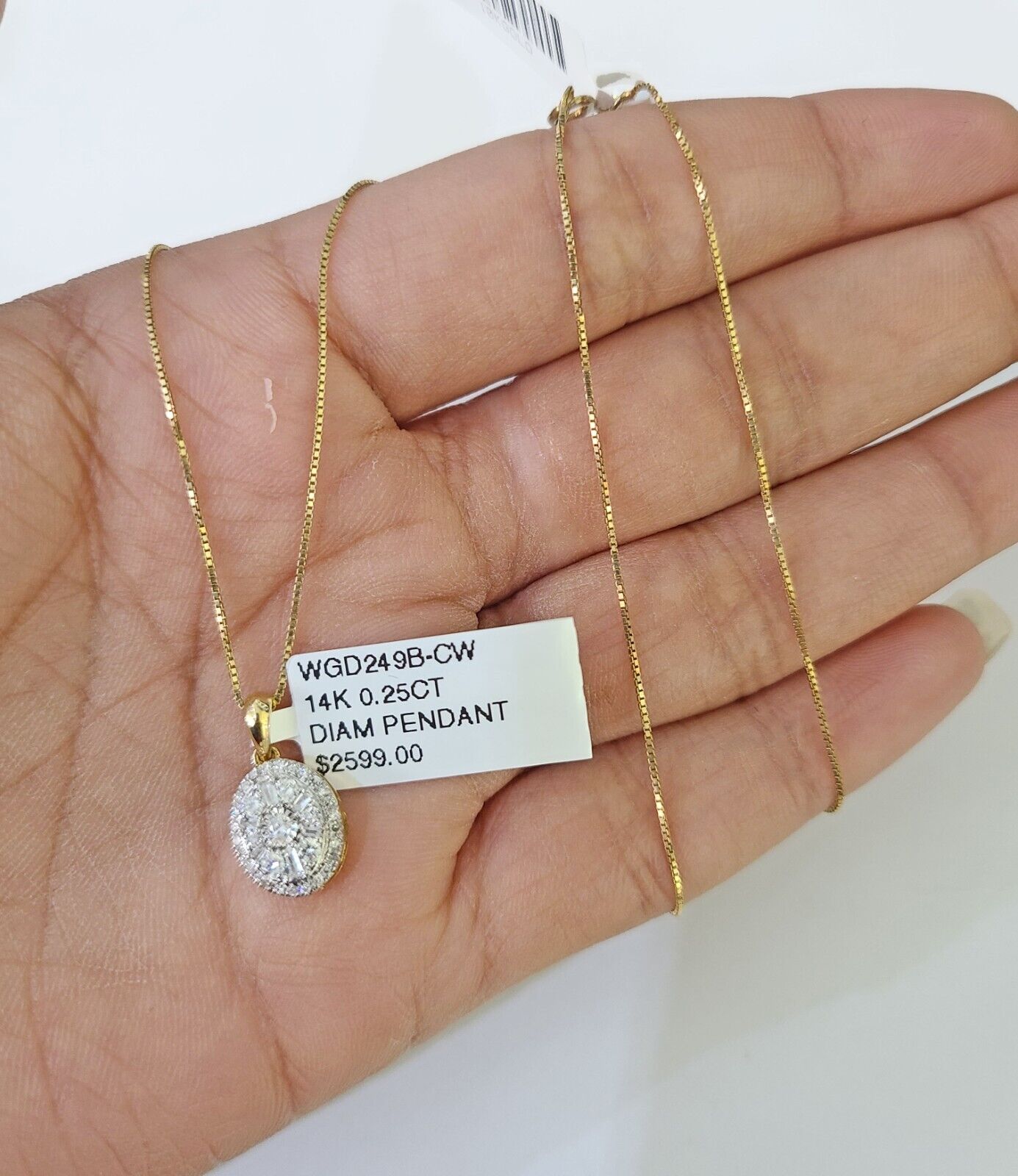 Real 14k Box Chain Diamond Pendant Yellow Gold Necklace Set Women