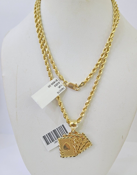 Real 10k 3mm Rope Chain Royal Flush Pendant 18" 20" 22" 24" 26" Gold Set