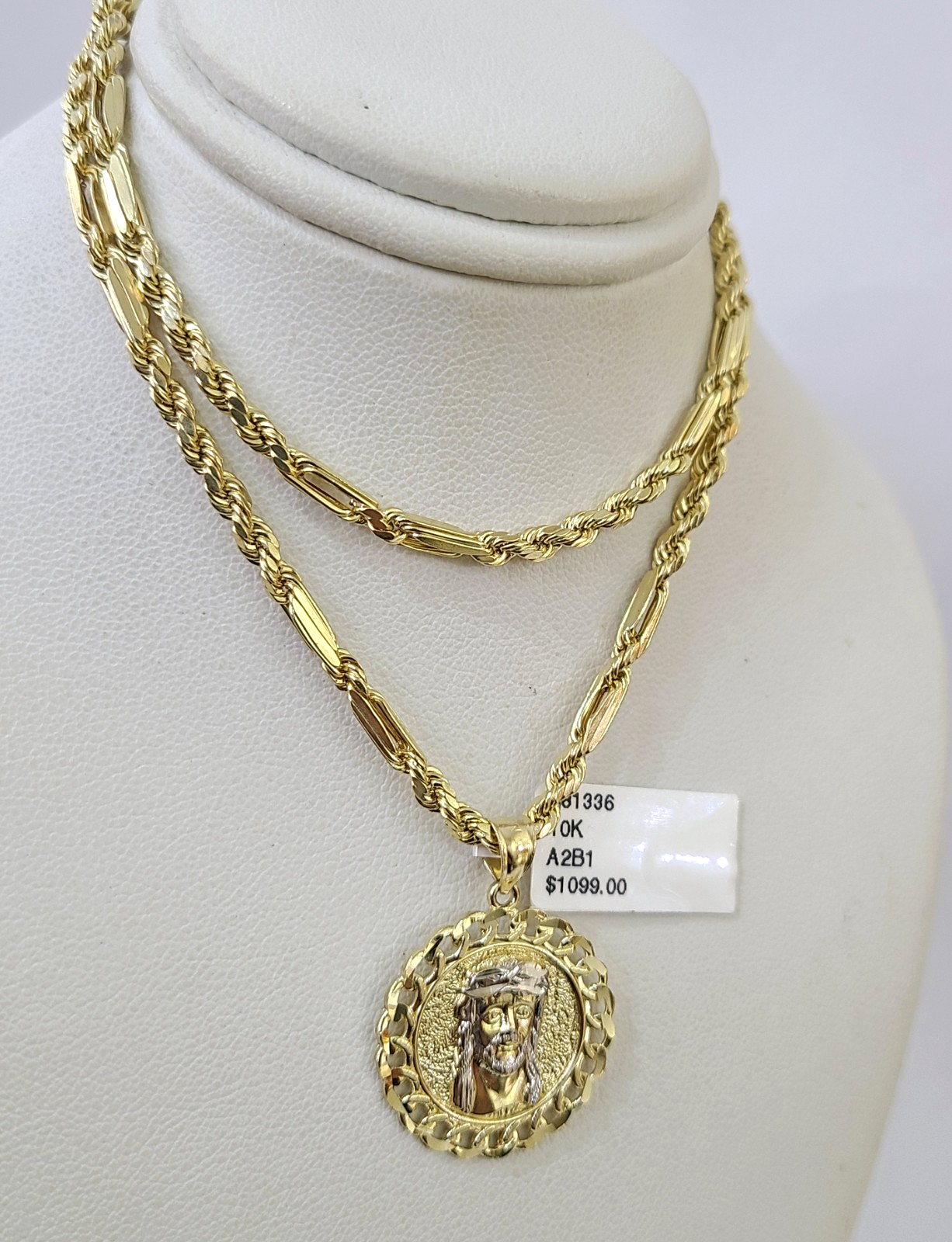 10k Milano Rope Chain Jesus Head Charm Necklace SET 3mm 18"-26" Pendant