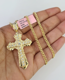 14k Miami Cuban Chain Jesus Cross Charm Pendant 3mm 18"24" inch SET Necklace