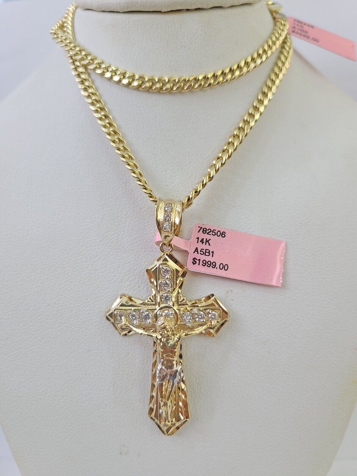 Real 14k Chain Cross Charm Set Miami Cuban Link 4mm Necklace Pendant Yellow Gold