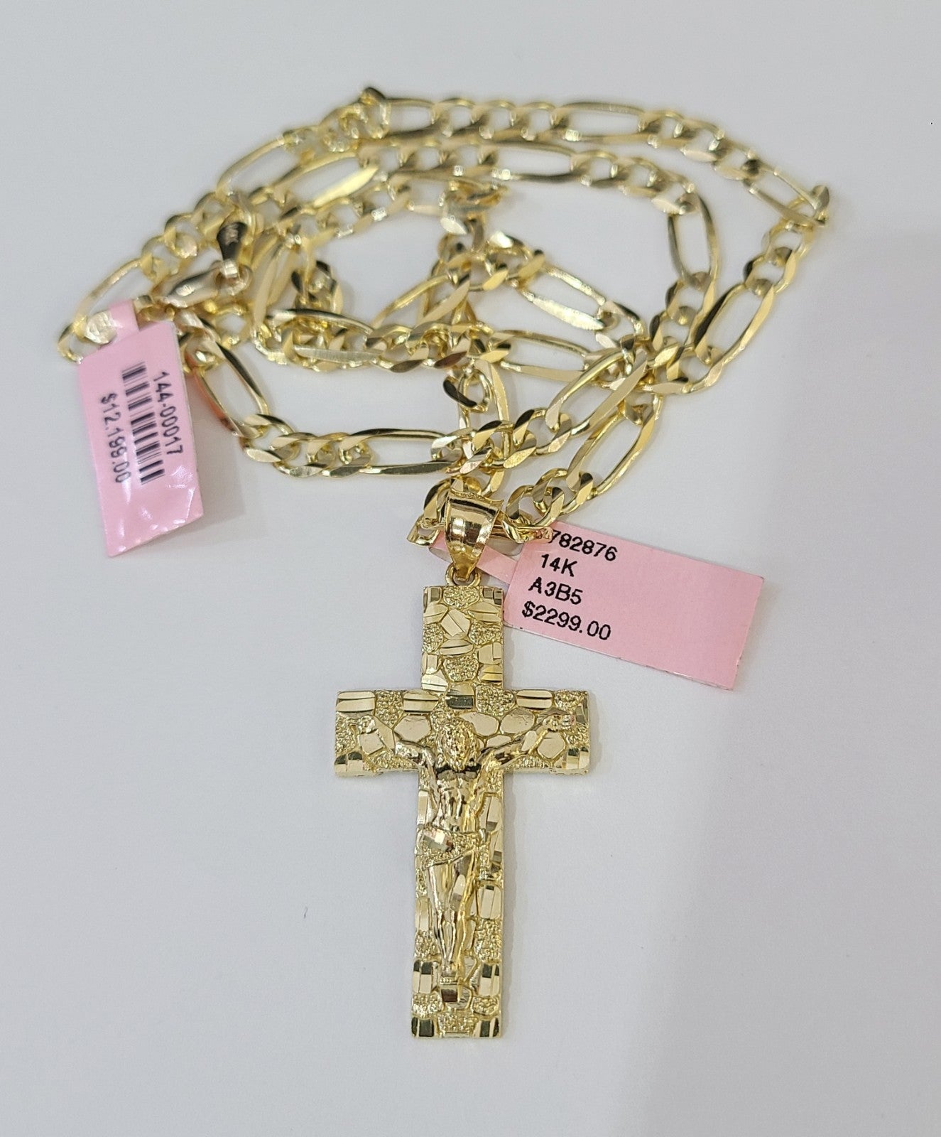 14k Solid Figaro Chain Nugget Cross Pendant Gold 5mm 18-28 inch SET Necklace
