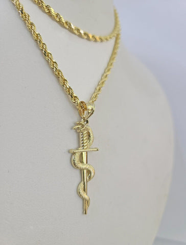 10k 3mm Rope Chain Snake Sword Pendant 18"-30" Yellow Gold Set Charm Necklace