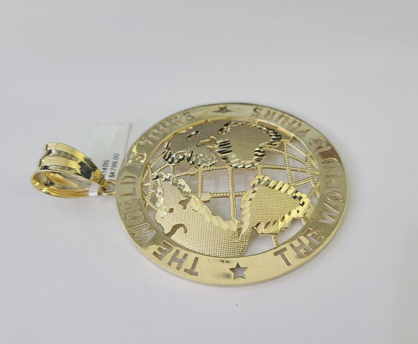 Real 10k The World is Yours Map Pendant Charm Yellow Gold Diamond Cut 10kt