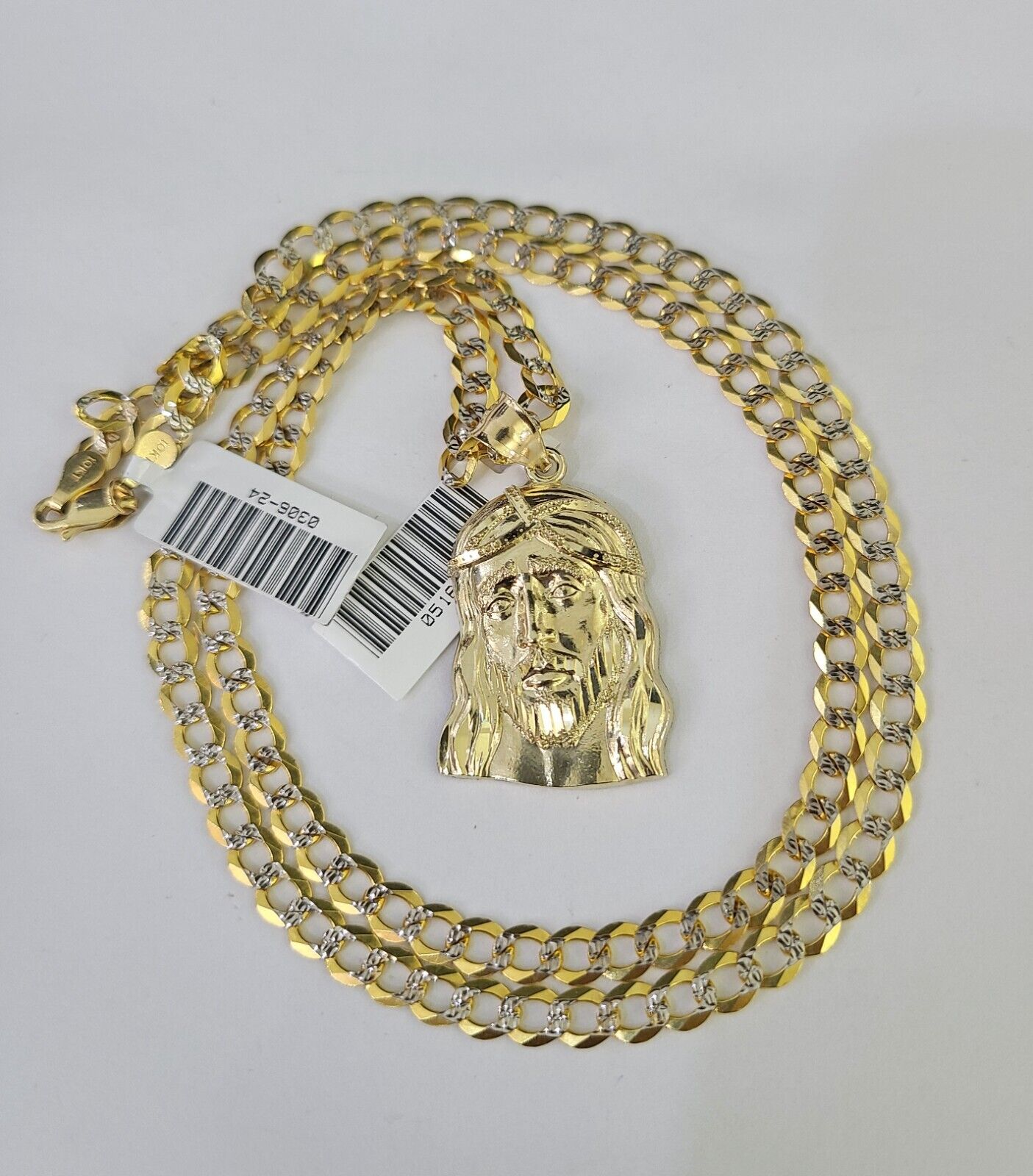 10k Gold Chain Jesus Head Charm Solid Cuban Curb Link 5mm 18"-28" Inch SET