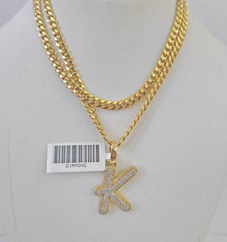 10k Miami Cuban Chain K Diamond Charm Set 4mm 18-26"Yellow Gold Necklace Pendant
