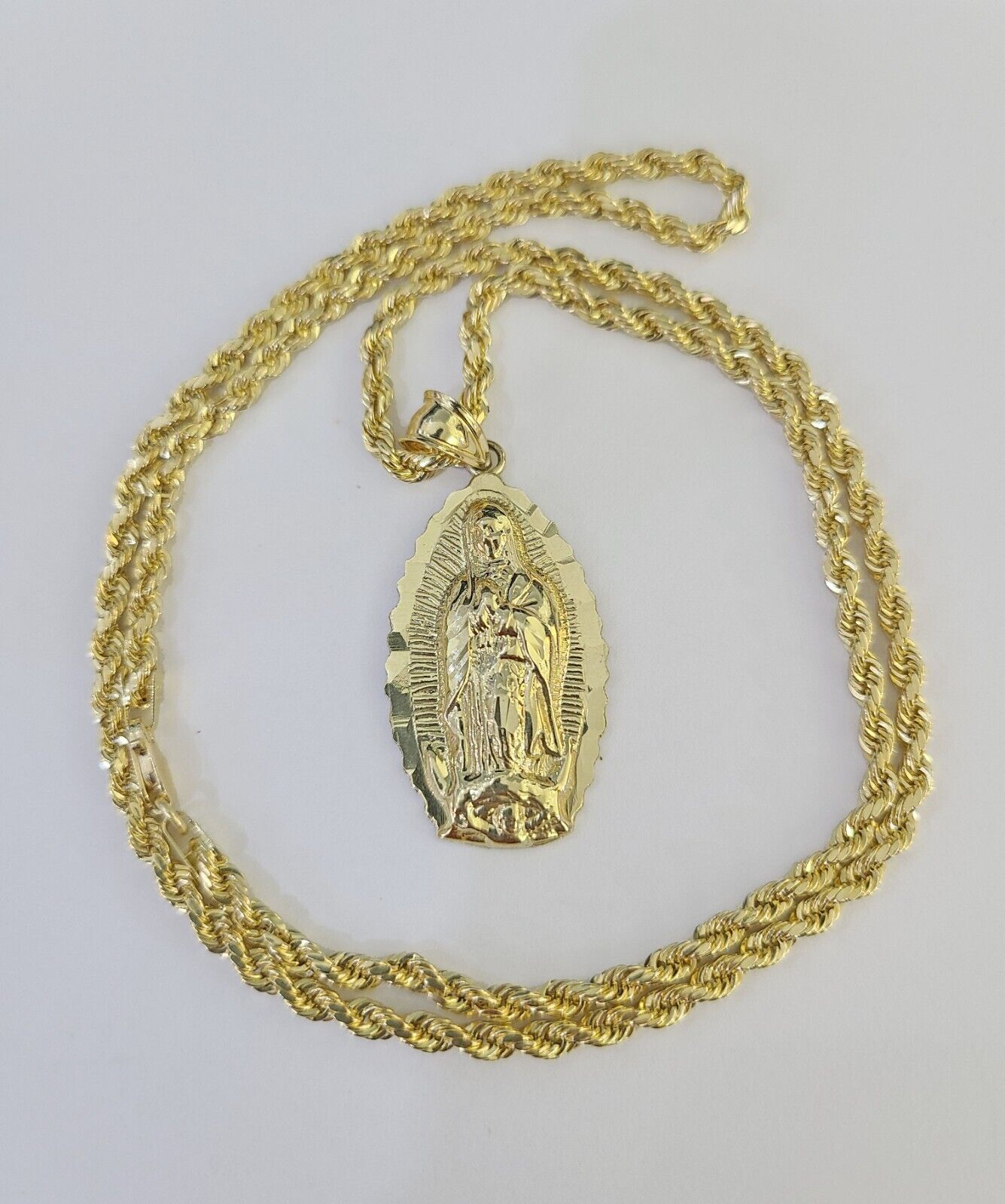 10k 3mm Rope Chain Virgin Mary Pendant 18"-30" Yellow Gold Set Charm Necklace