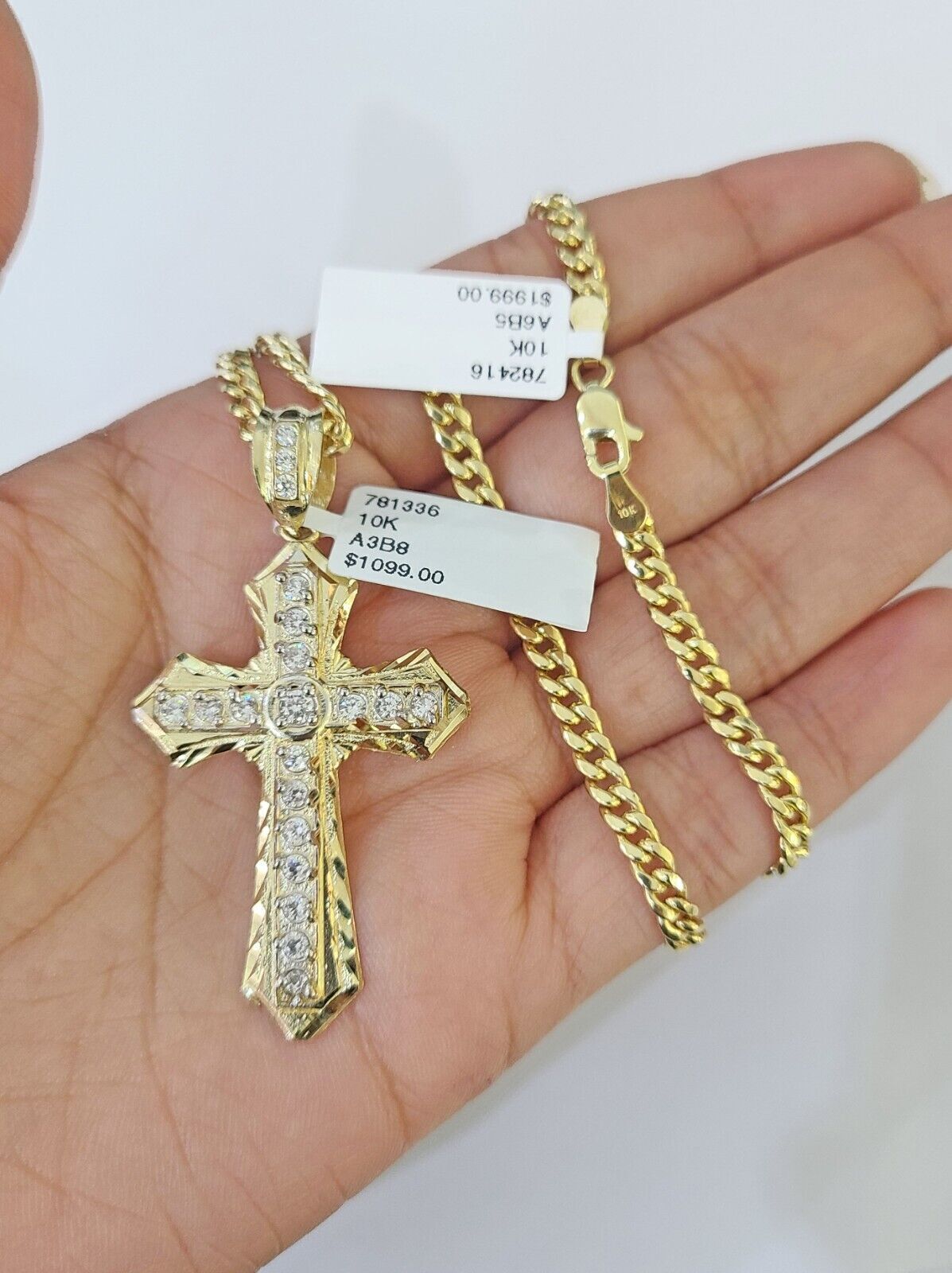 Real 10k Yellow Gold Chain Cross Charm Pendant Set Miami Cuban Link Necklace 4mm