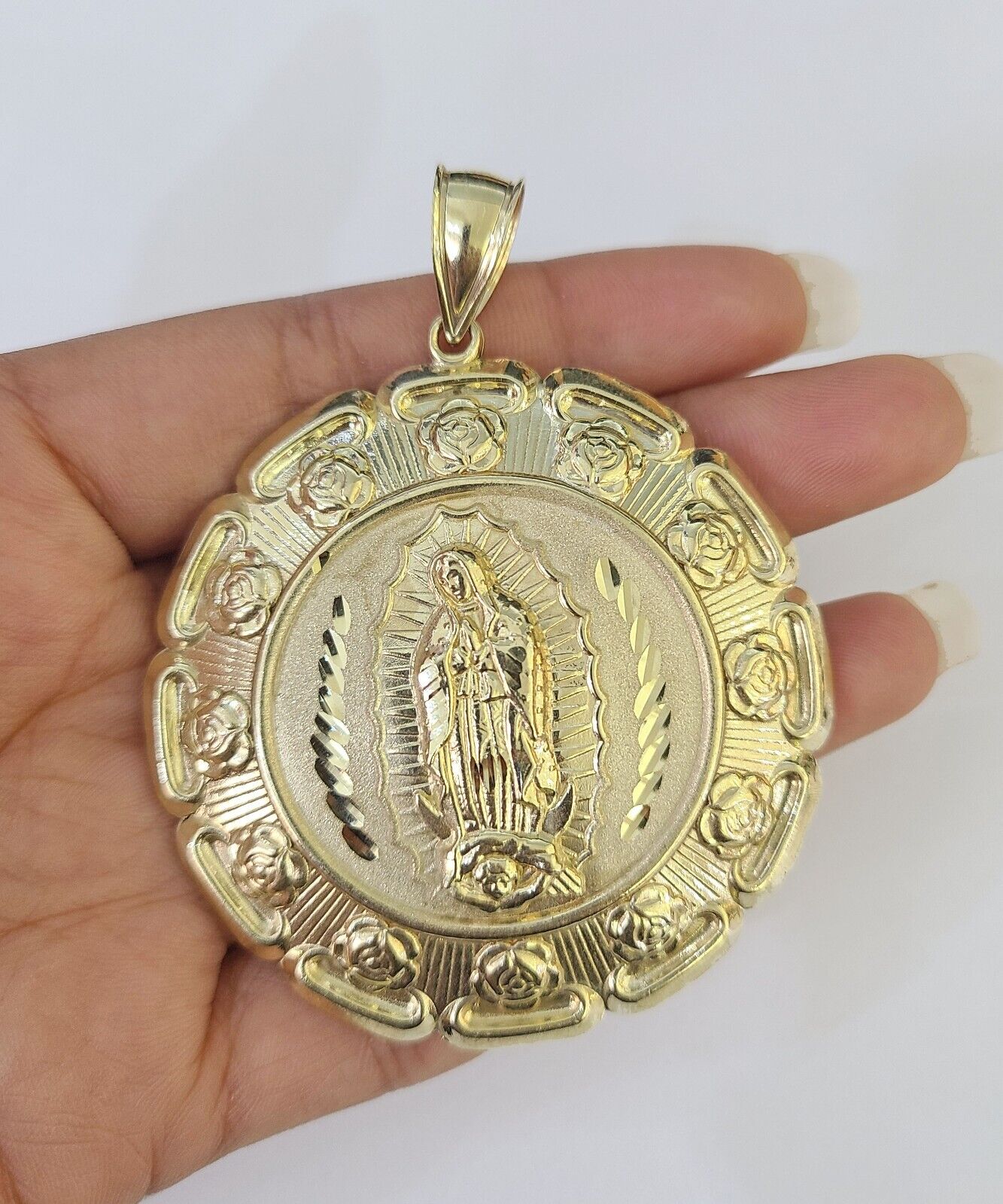 Real 10K Jesus Virgin Mary Pendent Charm Two Sided 10kt yellow Gold 3" Guadalupe