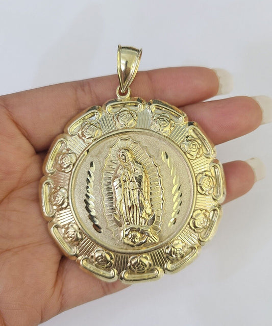 Real 10K Jesus Virgin Mary Pendent Charm Two Sided 10kt yellow Gold 3" Guadalupe