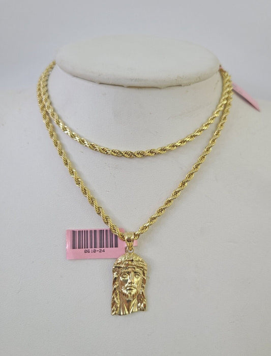 Real 14k Rope Chain Jesus Head Charm Set Yellow Gold 3mm 18-30" Necklace Pendant